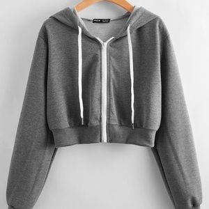 Drop Shoulder Zip up Drawstring Crop hoodie